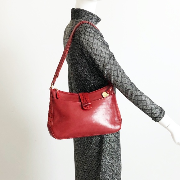 Brahmin Vintage Red Croc Embossed Leather Bucket Large Hobo  Brahmin Shoulder Bag Red Croc Embossed and Smooth Leather Vintage Bag HTF